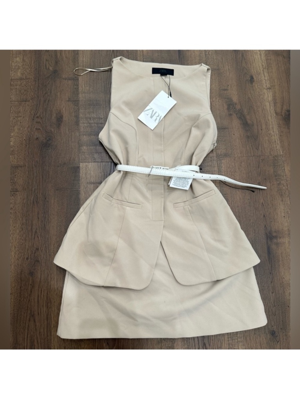 Zara Neutral Beige Sleeveless Peplum Dress with Belt